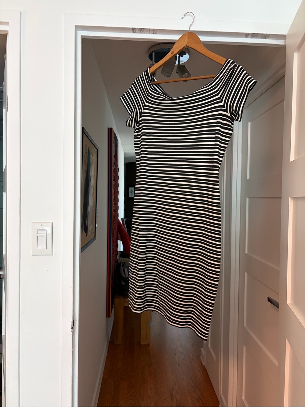 Ann Taylor Black and White Striped Scoop-Neck Dress
